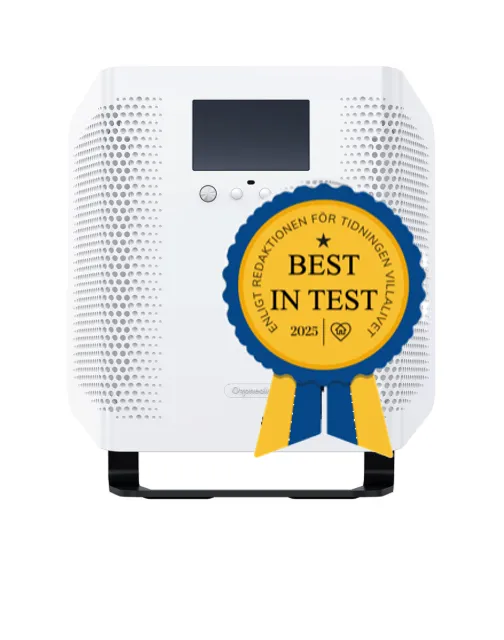 White Ozoneair Purify 150 Pro air purifier seen from the front, with display, control buttons and perforated side panels, and a blue and yellow Best in Test rosette printed over the picture.