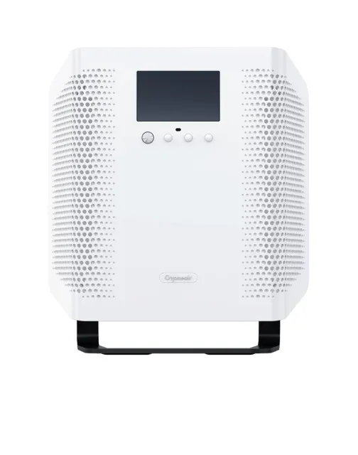 White Ozoneair Purify 150 air purifier seen from the front, with a small display, four control buttons, perforated side panels and a black carry handle at the base.